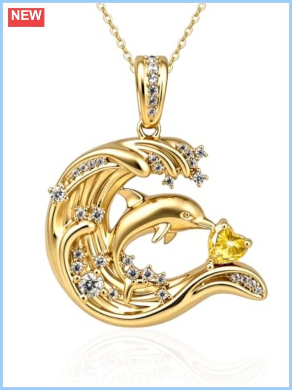 18K Gold Plated Dolphin Wave Birthstone Pendant Necklace Cubic Zirconia